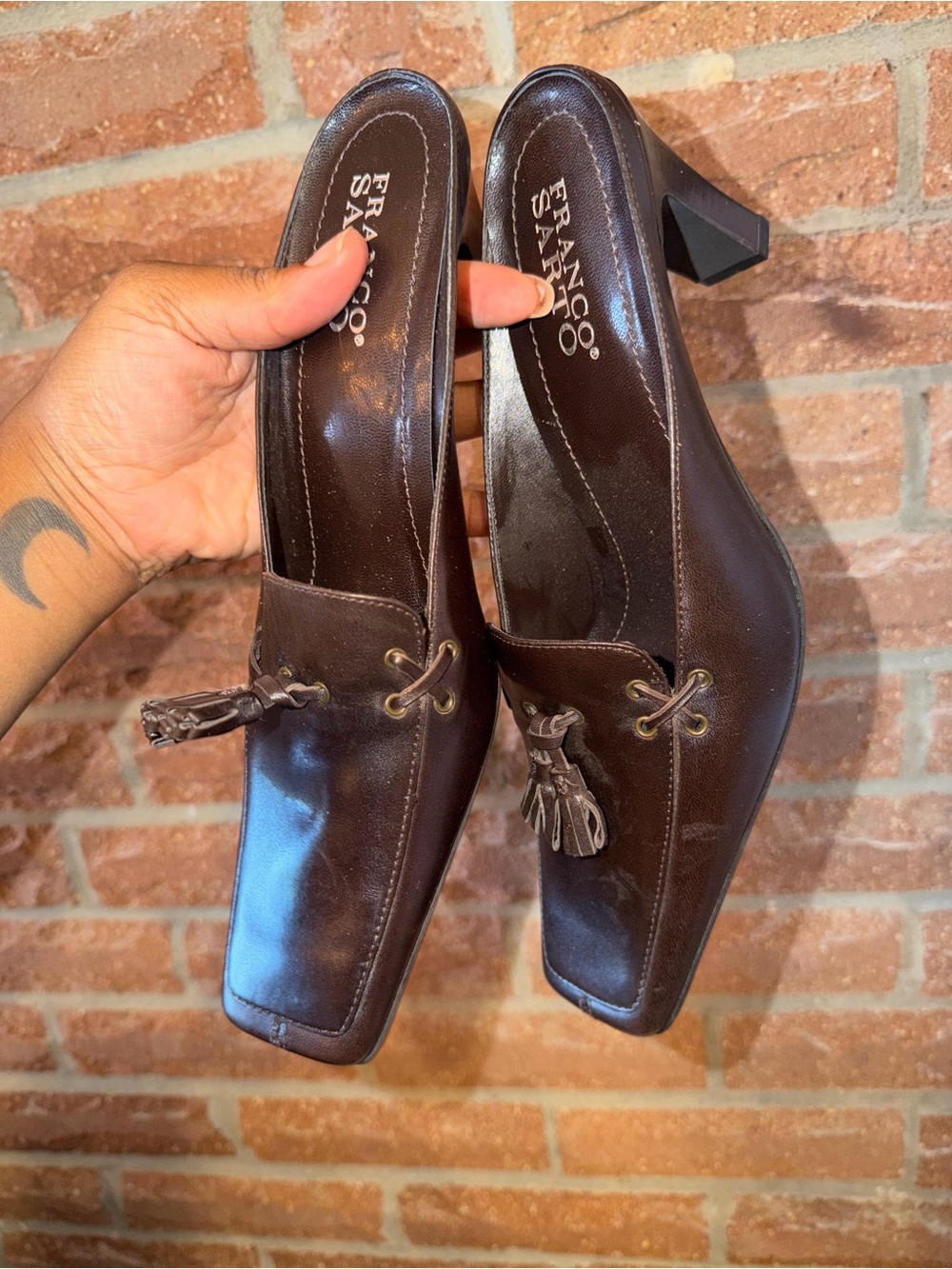 Franco Sarto Brown Leather Tassel Block Heel Pumps